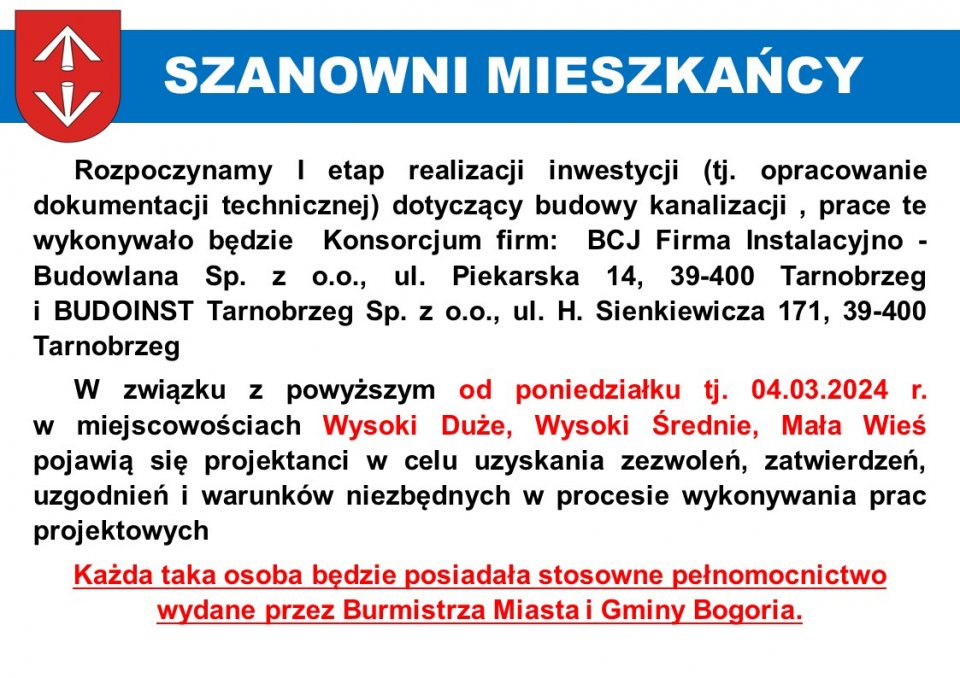 Informacja dla mieszkańców miejscowości - Wysoki Duże, Wysoki Średnie, Mała Wieś