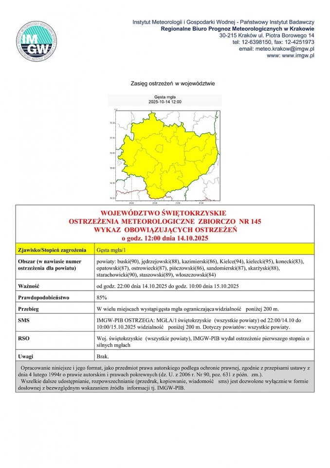 Ostrzeżenie meteorologiczne - Gęsta mgła